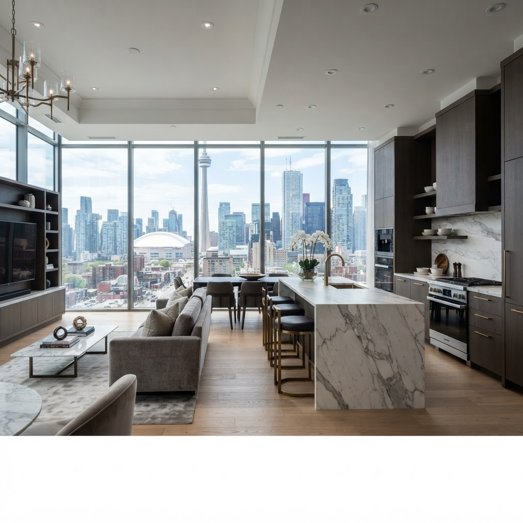 Elegant Toronto condominium kitchen with marble island and skyline views