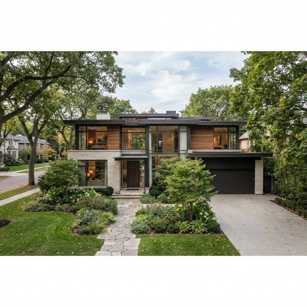 High-end contemporary Toronto home with stone architecture and mature trees