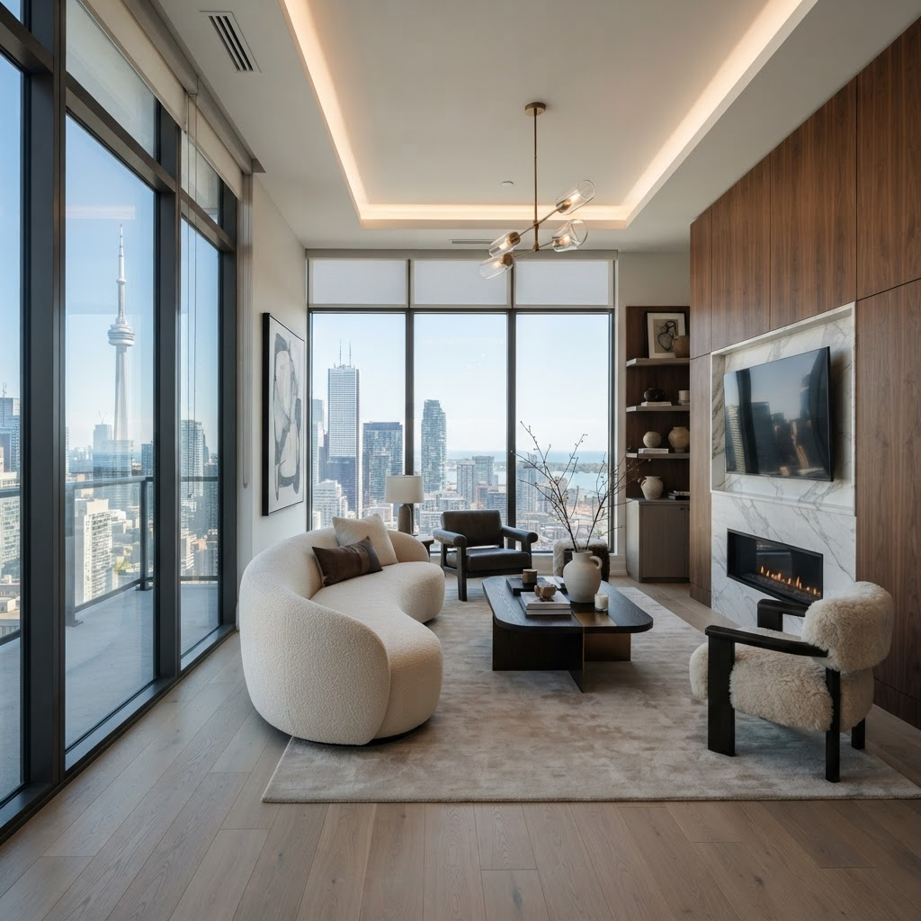 High-end Toronto living room with floor-to-ceiling windows and city views